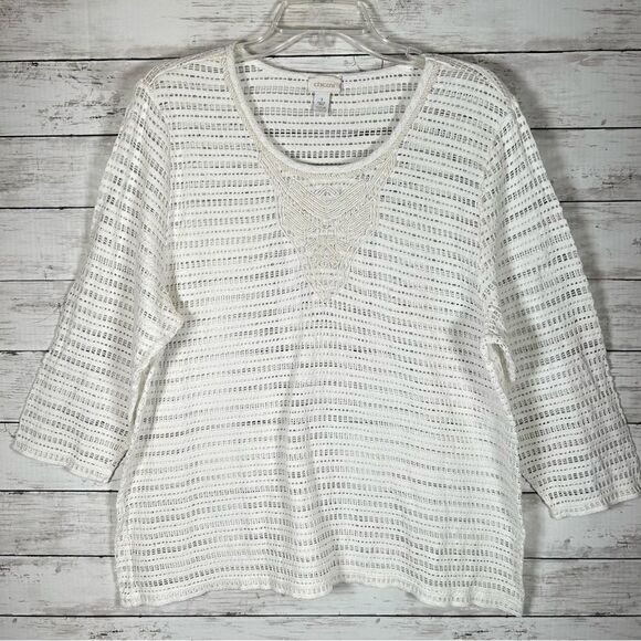 Chico’s Open Knit Cotton Nylon Beaded White Popover Sweater Top 3/ XL - Picture 1 of 5